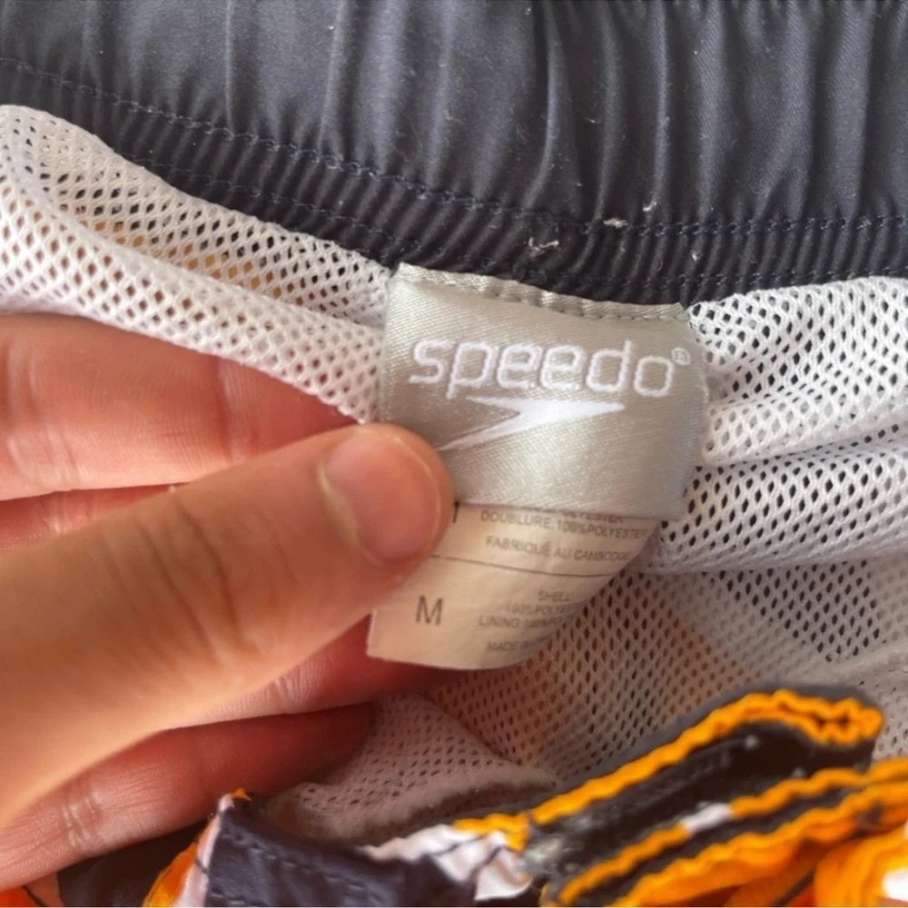 Speedo Men's Swim Shorts Black w/Orange Floral Design Mesh Lined pockets medium